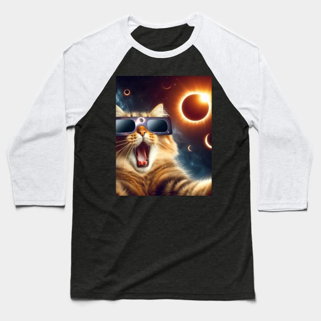 cat taking a selfie with solar 2024 eclipse wearing Glasses Baseball T-Shirt by HBart